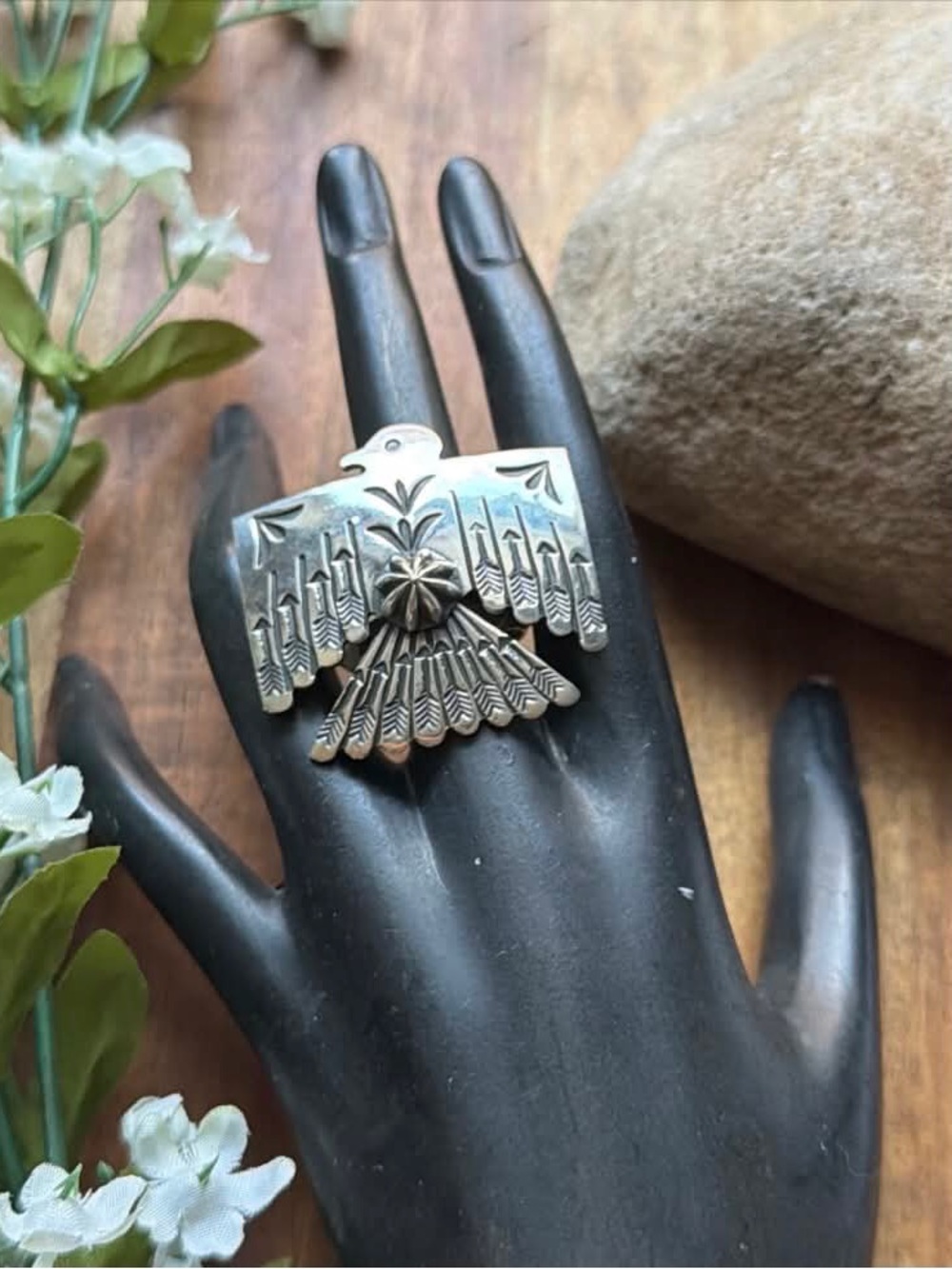 Navajo Sterling Silver Thunderbird Stamped Adjustable Ring Sunshine Reeves - Picture 6 of 12